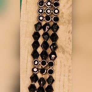 [Bracelet] Black beads & Rhinestones Silver Tone